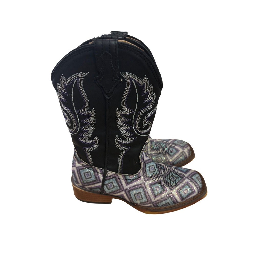 Roper Cowboy Boots 11 Cattle Kids Black Purple Glitter Geometric Western